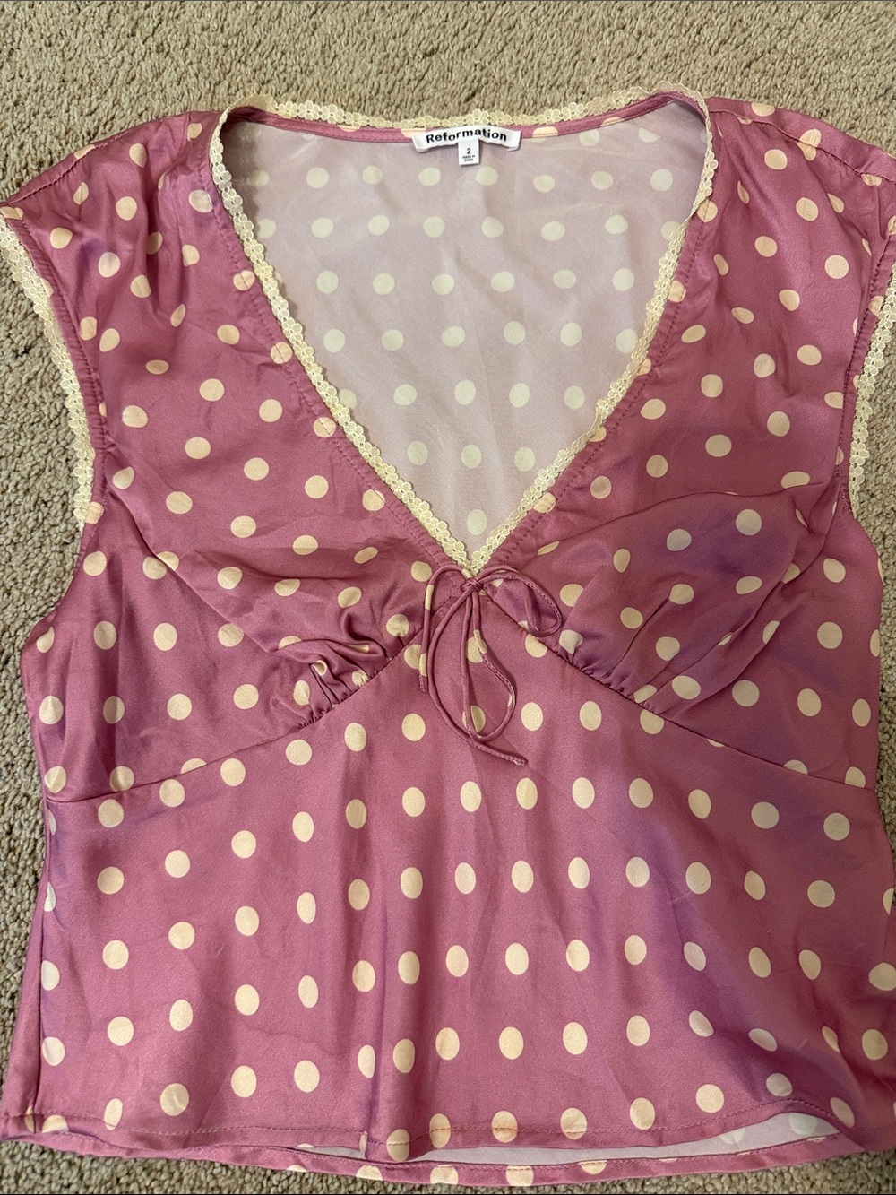 Reformation Mauve Pink Polka Dot Lace-Trim Sleep Top